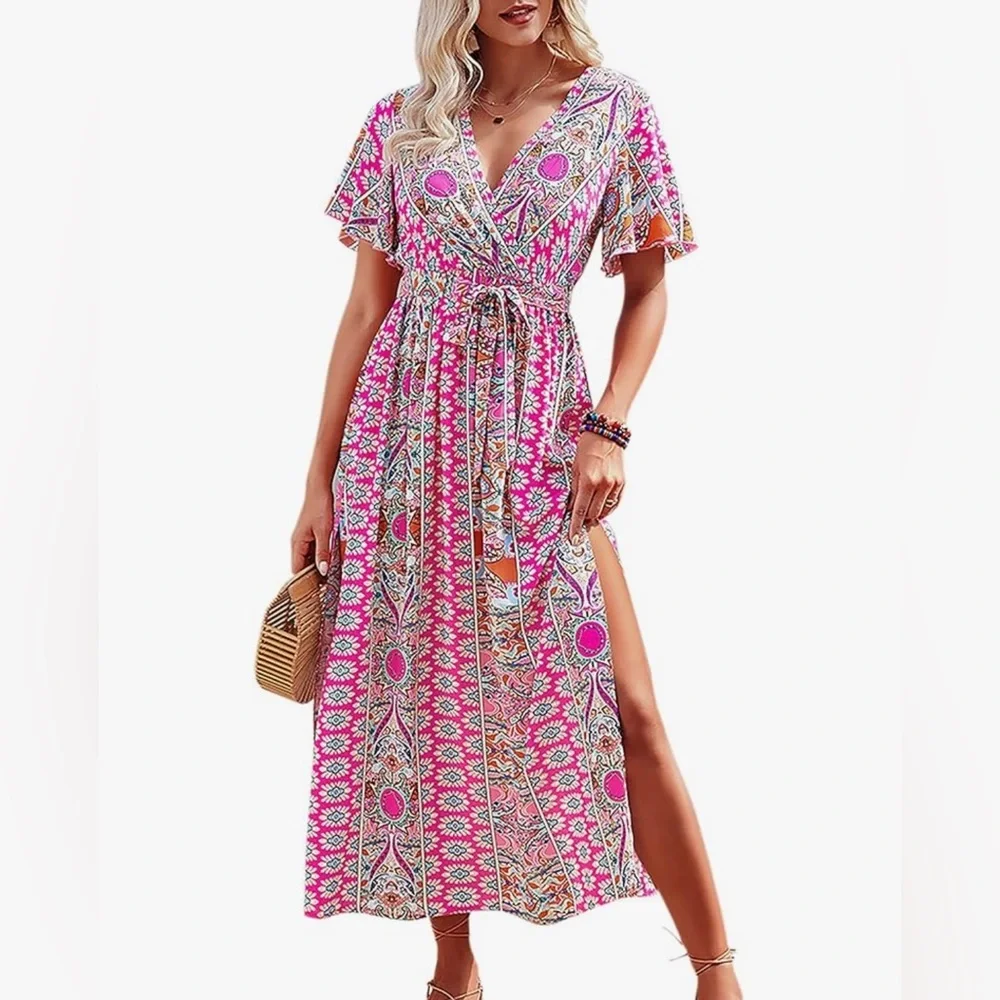Floral Wrap V Neck Short Sleeve Dress with Belt - Picture 1 of 4